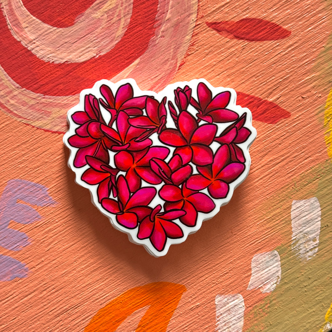 Hot Pink Plumeria Heart Sticker 3 in